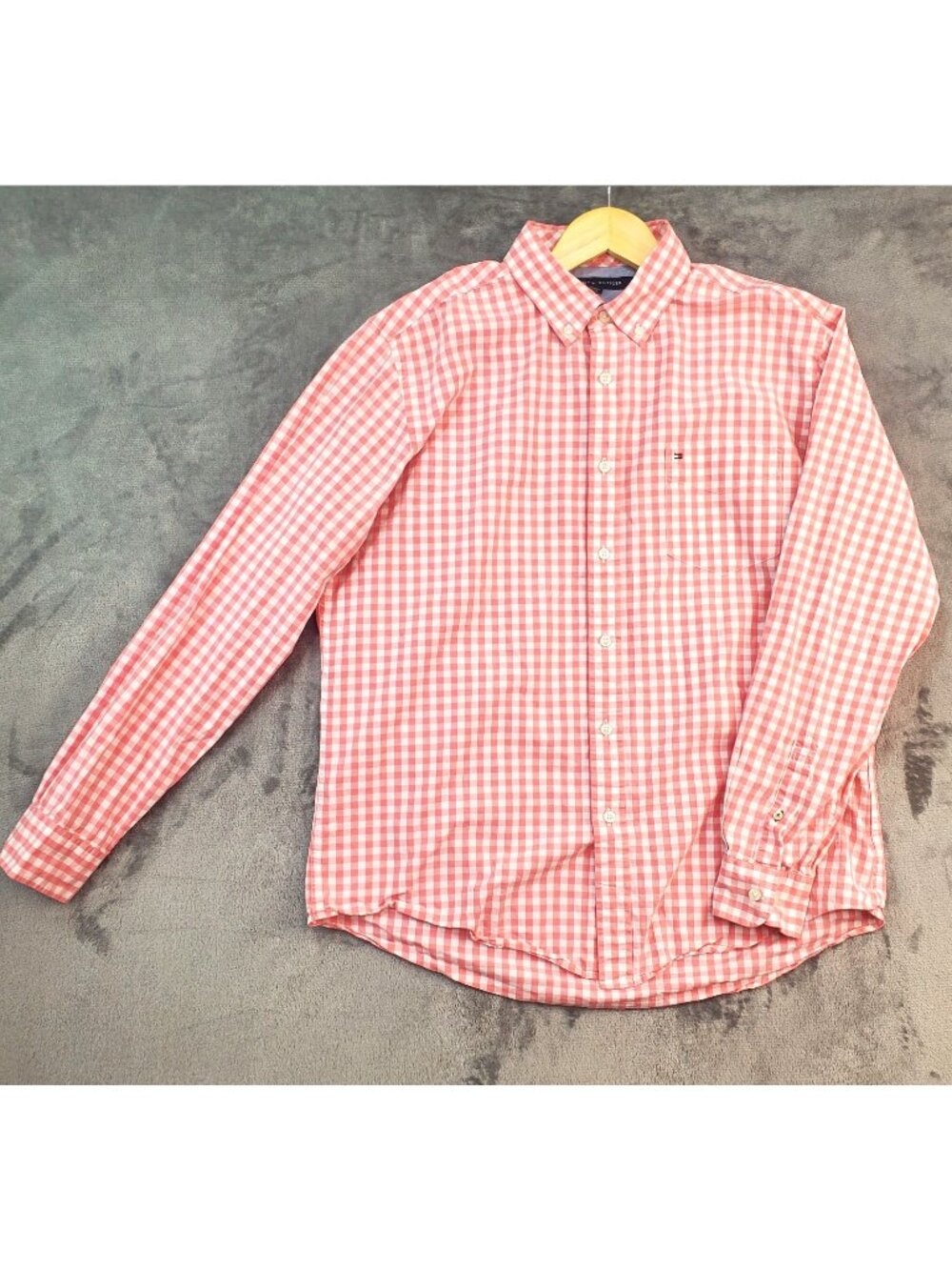 Tommy Hilfiger Gingham Button Down Shirt Pink White Classic Fit Mens L Easter